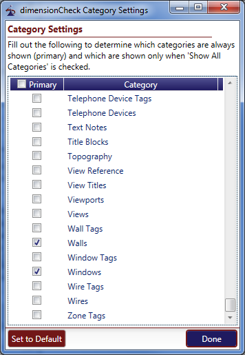 dimensionCheck Category Settings