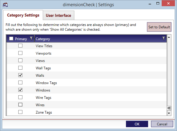 dimensionCheck Category Settings