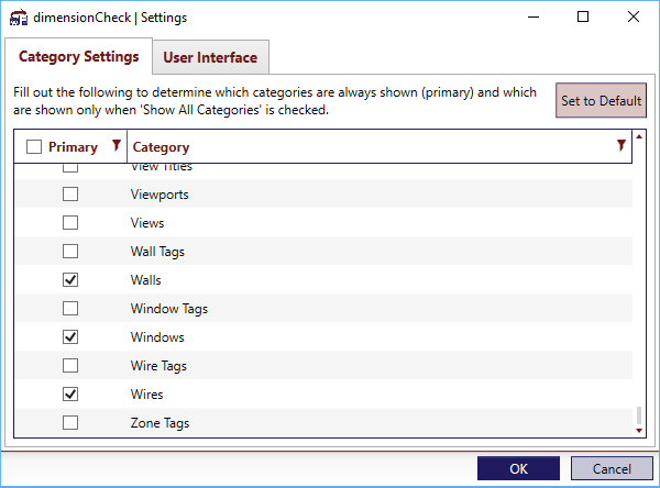 dimensionCheck Category Settings